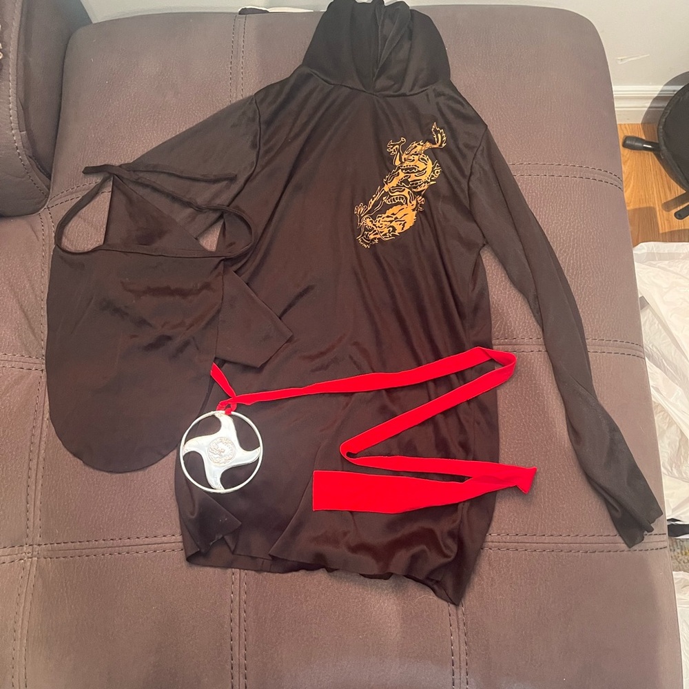 Black Hooded ninja costume with Gold Dragon and Red Belt